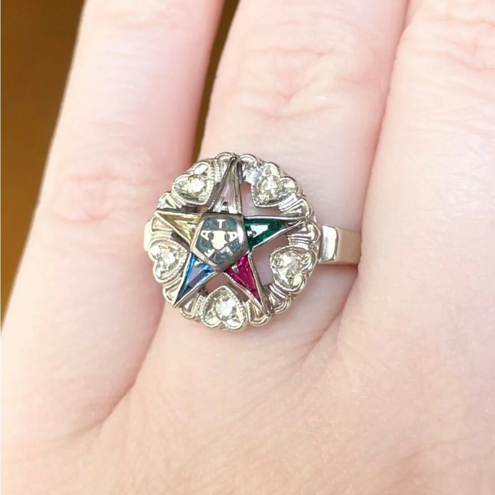 Vintage 10K White Gold Diamond Order of the Eastern Star Masonic Ring (Size 7.5) - Picture 3 of 10